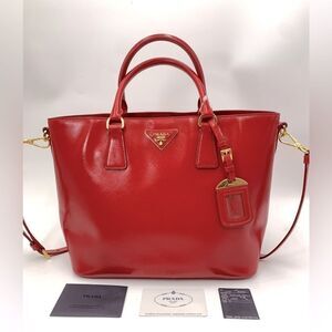 Prada Saffiano Vernice Rosso Red Leather Tote Bag Auth Preloved Patent Purse
